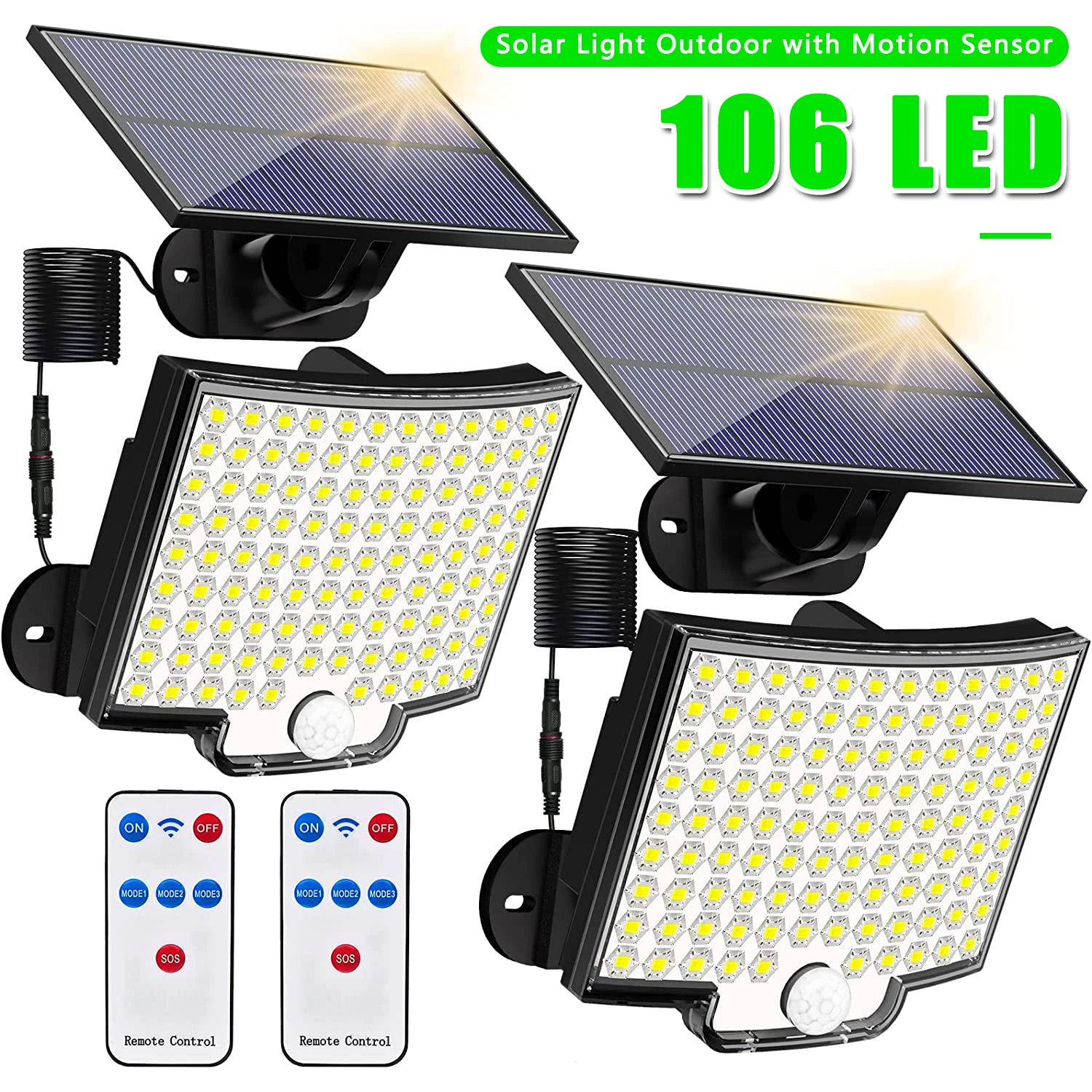 Outdoor Power Garage - ไฟสนามกันน้ำพลังงานแสงอาทิตย์106LED พร้อมรีโมทควบคุมเซ็นเซอร์ตรวจจับการเคลื่อนไหว3โหมดสำหรับลานจอดรถในสนามหลังบ้าน
