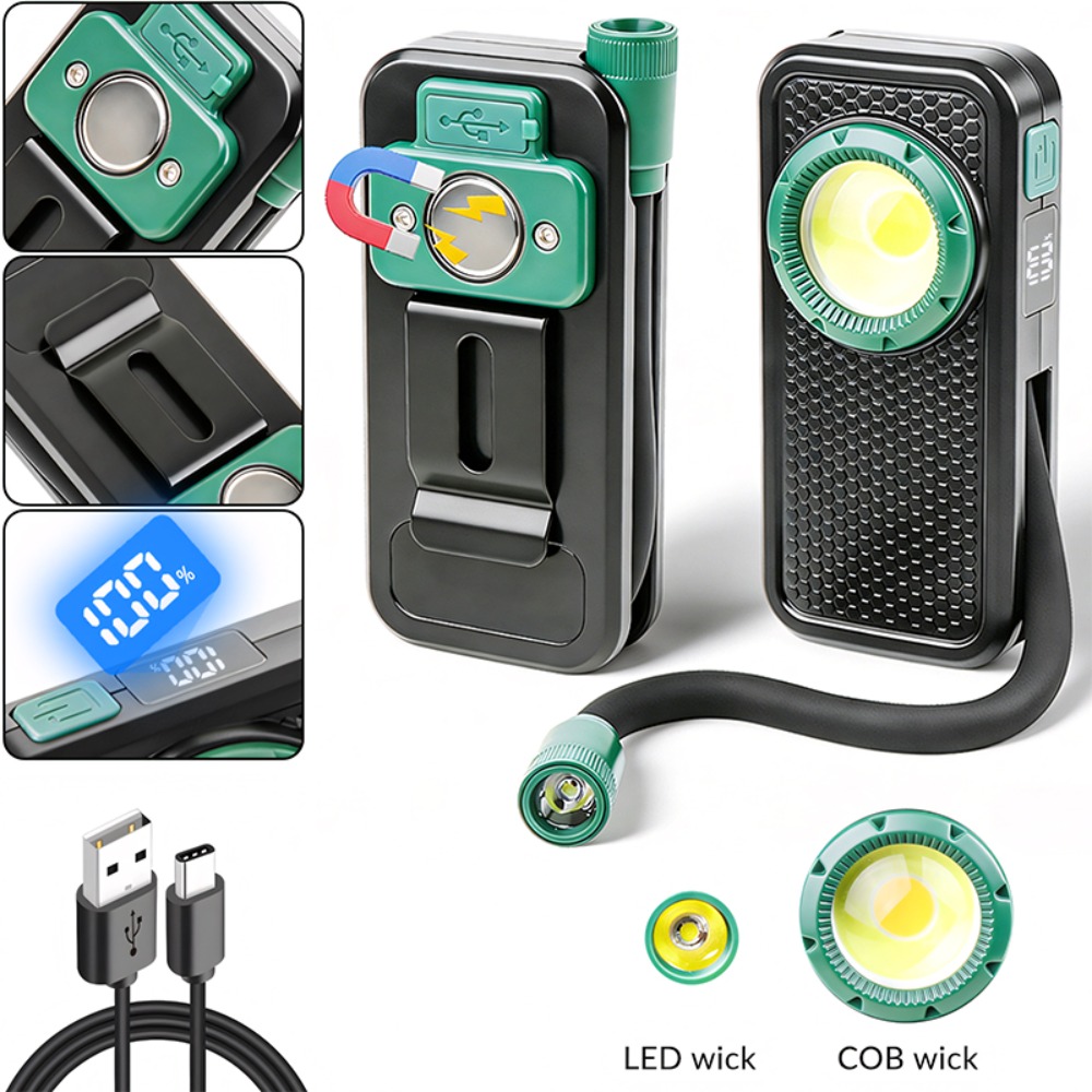 Outdoor Power Lights - ไฟฉายแม่เหล็กแบบใหม่พร้อมคลิปหนีบปากกา สายดัดงอได้ ชาร์จผ่าน USB พร้อมหน้าจอแสดงพลังงานดิจิตอล สำหรับการตรวจสอบกลางแจ้ง